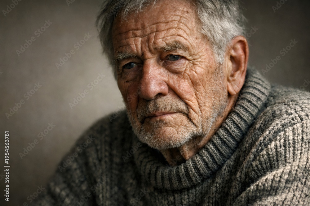 Obraz premium Senior man with gray hair and deep wrinkles gazes away, conveying quiet reflection, solitude and the softened wisdom of aging in a contemplative portrait