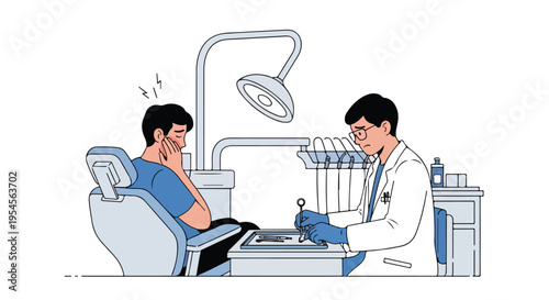 Illustration of a dentist examining a patient in a dental chair with a dental light on, in a clinical setting.