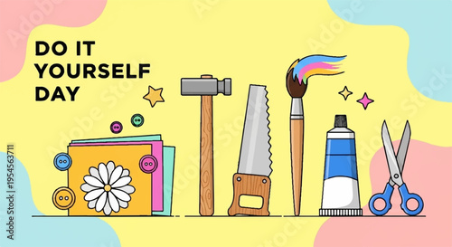 Colorful diy tools and supplies on yellow background with 'do it yourself day' text