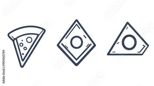 Three geometric shapes on a white background a pizza slice, a diamond, and a slanted triangle