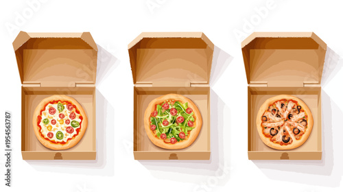 Three delivered pizzas with varying toppings displayed in open cardboard takeout boxes