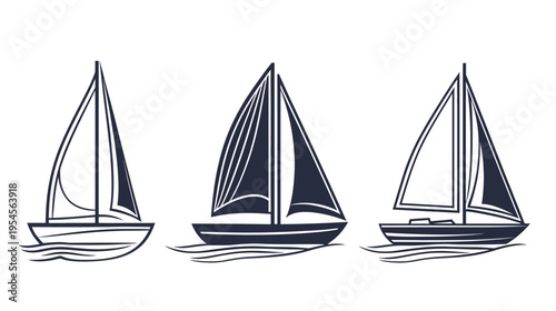 Three minimalist sailboat silhouettes in navy blue against a white background, each with different sail designs
