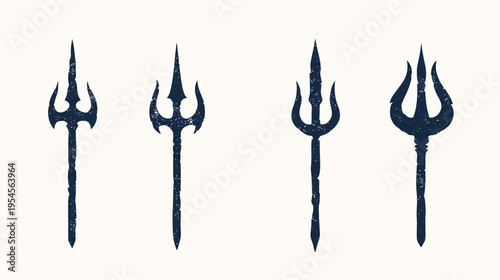 Four trident designs with a textured, vintage aesthetic, arranged vertically with variations in head shapes