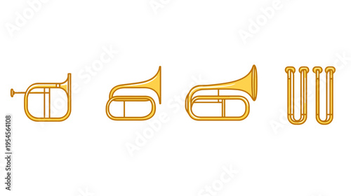 Four stylized brass instruments in yellow and gold, with a minimalist design, on a white background