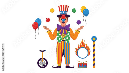 Clown's Joyful Performance: A colorful illustration captures a clown, juggling balls and balloons, surrounded by circus props, all evoking a sense of entertainment and delight.
