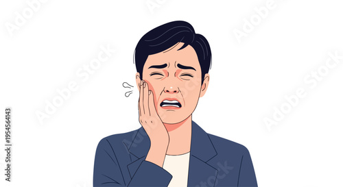 Illustration of a stressed Asian man in a blue blazer touching his face with sweat drops on a plain white background.