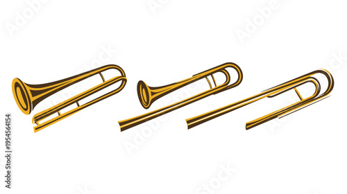 Three stylized depictions of brass instruments with a horn and a slide against a white background