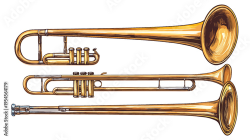 Digitally rendered illustration of three shiny, brass musical wind instruments on white