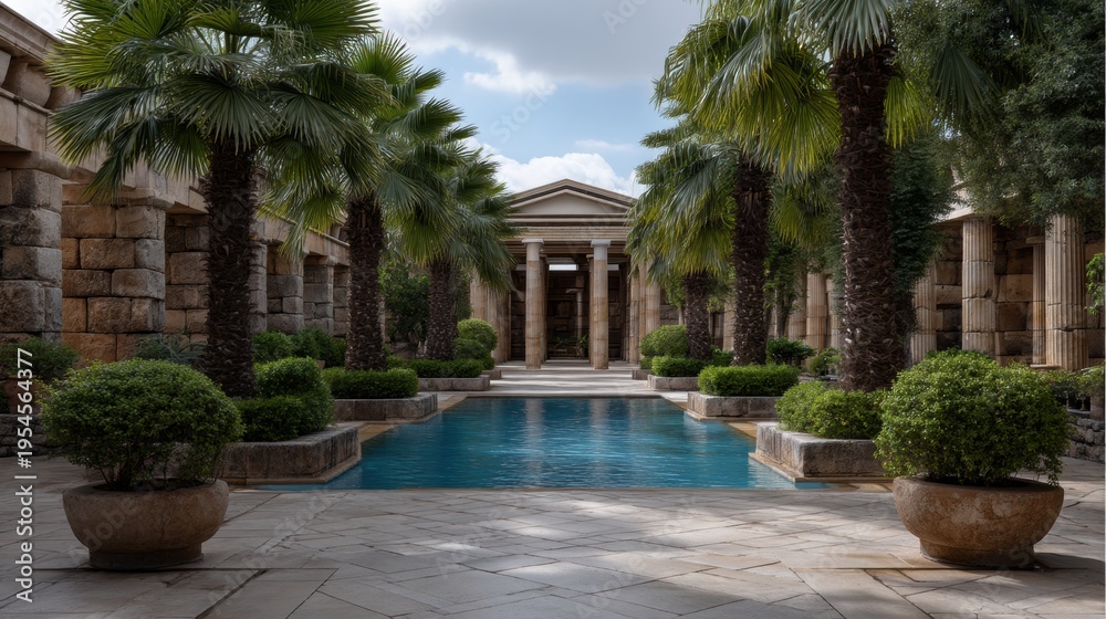 Obraz premium A luxurious pool surrounded by ancient greek columns and potted palm trees, with an entrance to the building in the background, architectural photography. 