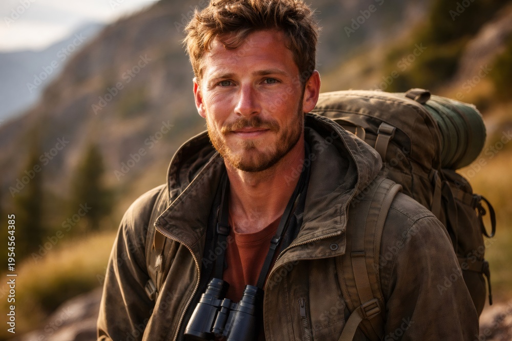 Fototapeta premium Bearded hiker smiling at camera in a rugged jacket with backpack and binoculars, standing on sunlit mountain trail, confident and happy in outdoor adventure and exploration