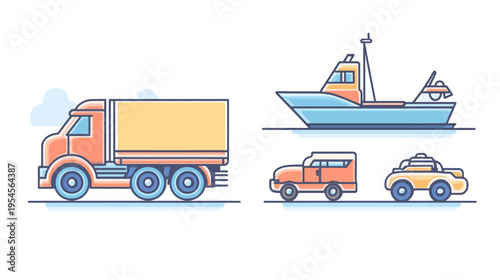 Stylized illustrations of a truck, boat, van, and car with clean lines and a modern, minimalist design
