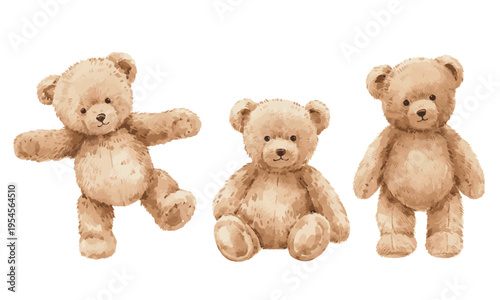 Seamless Vintage Vector Set Watercolor Teddy Bear Pattern on Beige Background, cute retro nursery design with hand painted plush toys for baby textile, wallpaper and fabric print