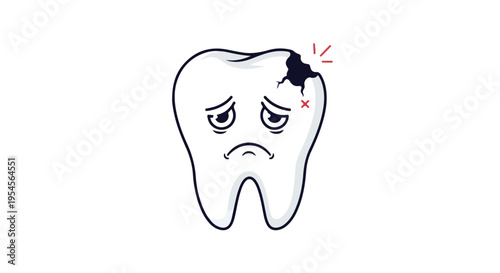 A cartoon tooth with a frowning face and a black cavity on a white background, conveying a painful and distressed mood.