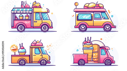 Four cartoon ice cream trucks in a colorful, illustrated style, each with different designs