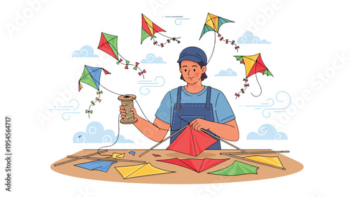 Kite Maker Crafting Delight: A person is meticulously crafting kites, surrounded by a colorful array of his creations, each one a testament to creativity. 