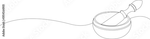 Continuous line illustration of a singing bowl or mortar and pestle in horizontal layout with empty space for text. Concept of meditation, wellness branding, therapy services and holistic design with 