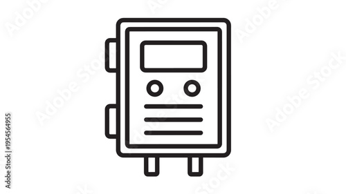 Electrical panel icon with screen, buttons, and multiple lines representing circuits featuring electricity, power, circuit breaker with fuse box and