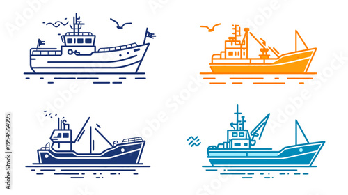 Four stylized fishing boat illustrations in different colors, depicted in a minimalist linear style