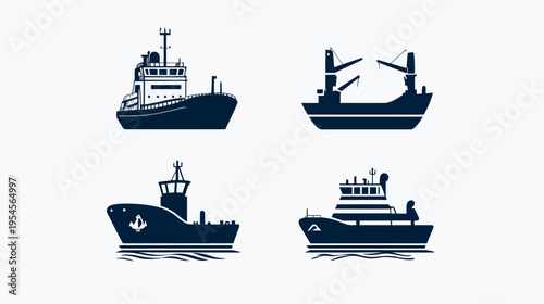 Four stylized silhouettes of ships in a navy-blue hue, on a white background. Each depicting different boat types