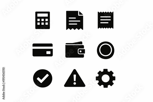 Finance icon set: calculator, documents, payment methods, warning, settings