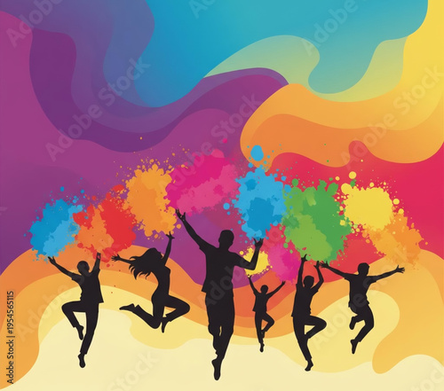 Dynamic Illustration of Joyful Silhouettes Leaping and Celebrating Amidst Vivid Color Bursts, Capturing Festive Energy and Happiness Against a Wavy Rainbow Backdrop