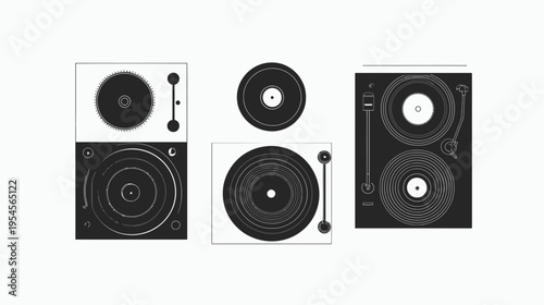 Stylized, minimalist illustrations of record players, vinyl records, and turntables on white background