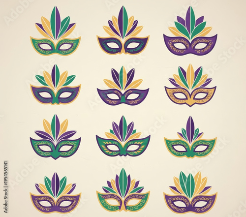 Collection of Ornate Mardi Gras Carnival Masks with Feathers and Decorative Embellishments, Celebrating Festive Holiday Traditions and Mystical Celebrations