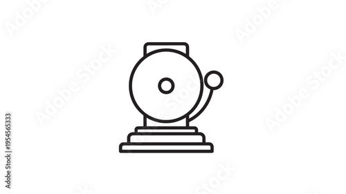Bell icon with a circular hammer, isolated on a white background, representing alarms and notifications.