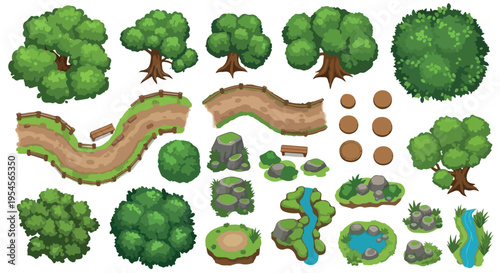 Cartoon nature landscape elements set, green forest trees and park garden assets, vector map creator kit for game design and environment building isolated PNG with Transparent Background
