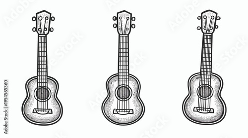 Three line art ukuleles, hand-drawn style. Instruments shown from headstock to sound hole