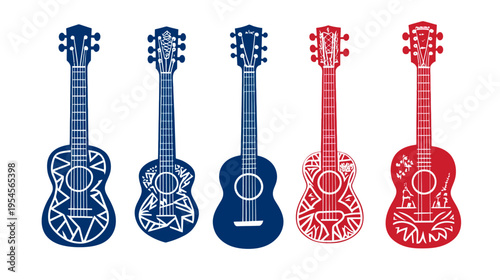 Stylized, colorful illustrations of ukuleles in a row, featuring unique geometric & organic designs