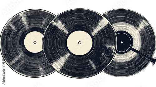 Three vinyl records in grayscale, one with a turntable arm, create a retro music theme