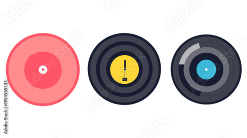 Three stylized vintage vinyl records in various colors and designs on a white background