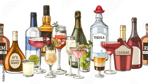 Alcohol drinks and cocktails seamless border