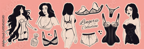 Women’s lingerie set for fashion, retail. Intimate apparel, bras, panties, garter belts. Hand drawn underwear collection isolated. 
