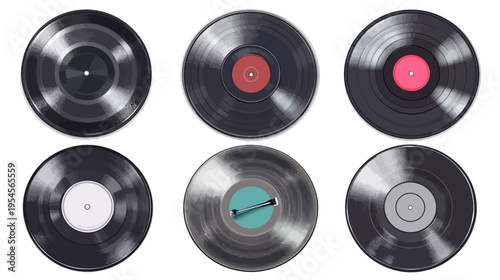 A graphical representation featuring six circular vinyl records in shades of gray, black, red, and turquoise