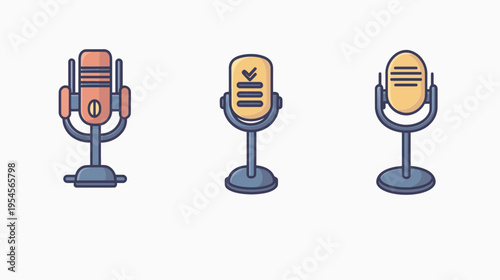 Three stylized microphones in different colors, positioned on stands, against a white background
