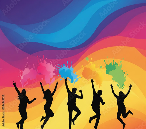 Vibrant abstract background with colorful splashes and silhouettes of people celebrating joyfully