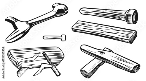 Monochrome illustration of various tools including a wrench, pegs, and a wooden bench