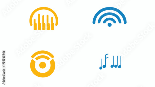 Four isolated stylized graphics representing music, audio waves, wifi, and musical notes on white