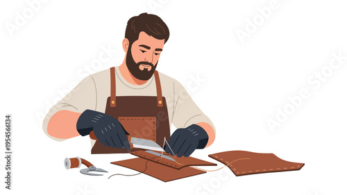 Artisan Crafting Leather: A skilled artisan, engrossed in meticulous craftsmanship, carefully works on a piece of leather. His focused concentration and precision showcase his passion.