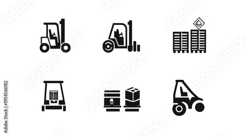 Black and white icons of forklifts and storage. Different angles. Warehouse theme