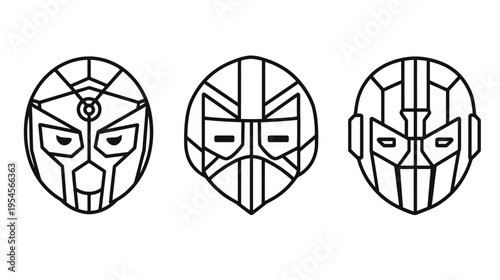 Three stylized, symmetrical mask illustrations in black outline on white background