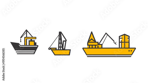 Three stylized, yellow and black ships of varying sizes, presented in a minimalist, graphic style on white
