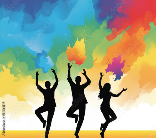 Silhouettes of people dancing joyfully amidst a vibrant explosion of colorful paint splashes under a bright sky, symbolizing celebration and freedom