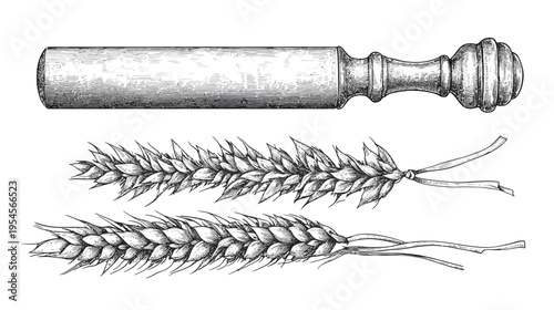 A hand-drawn illustration featuring a rolling pin and two stalks of wheat