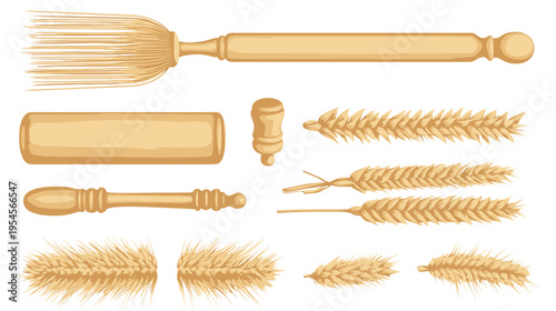 Vector illustration of various baking and cooking items, wheat and rolling pins
