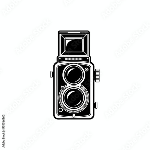 Stylized illustration of a vintage twin-lens reflex camera, a timeless symbol of classic photography and retro design, perfect for projects evoking nostalgia