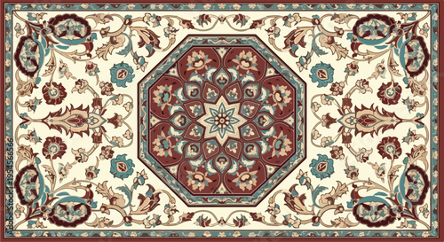 Intricately designed oriental rug with floral patterns and geometric shapes in shades of red, blue, and beige on a cream background.