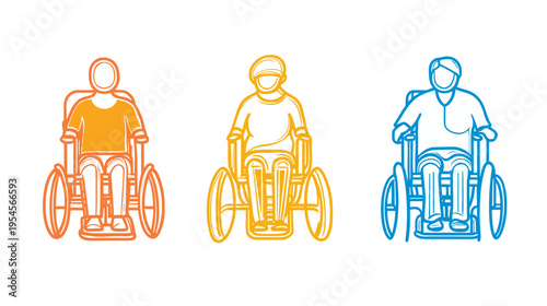 Three stylized, colorful line drawings of people seated in wheelchairs, against a white background